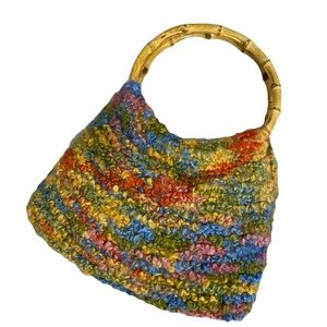 Crochet Handbag Multicolored Bamboo Top Handle Handmade